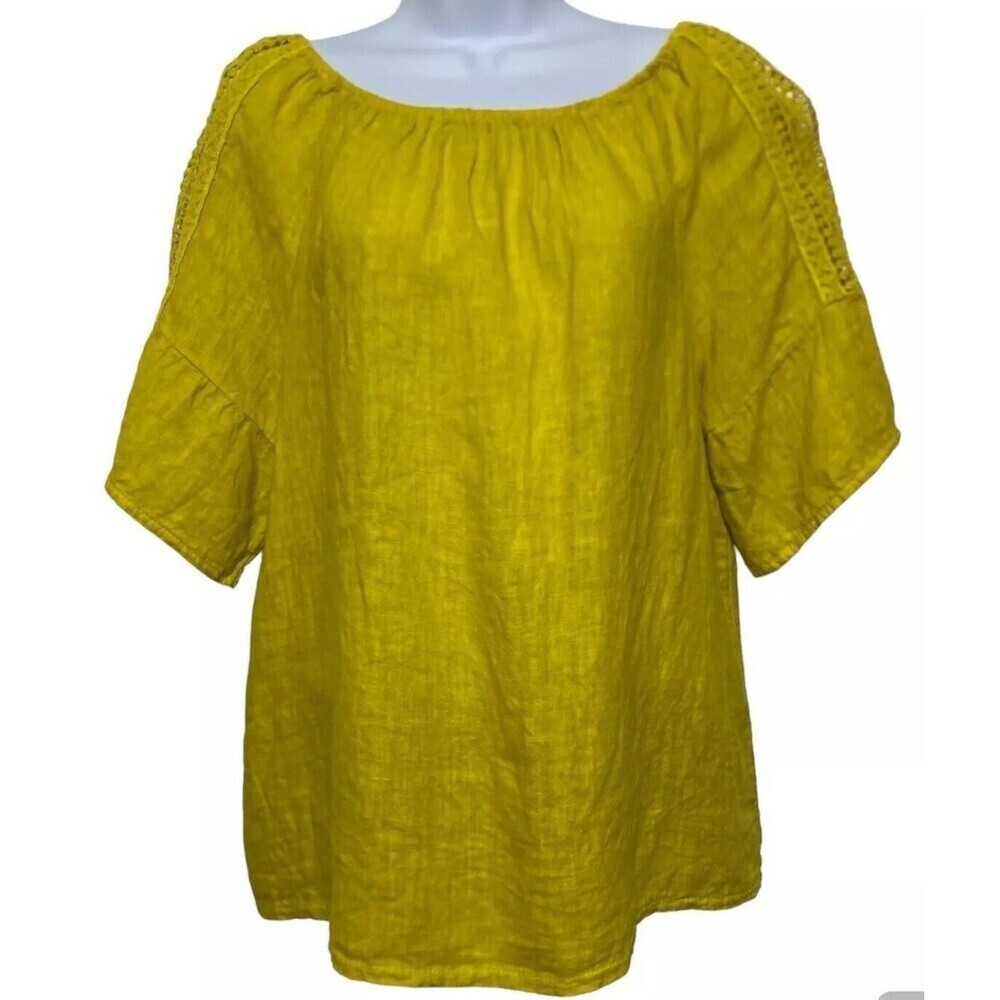 Terzo Millennio Blouse Women Size Large Yellow 100% Linen Crochet Detail Italy